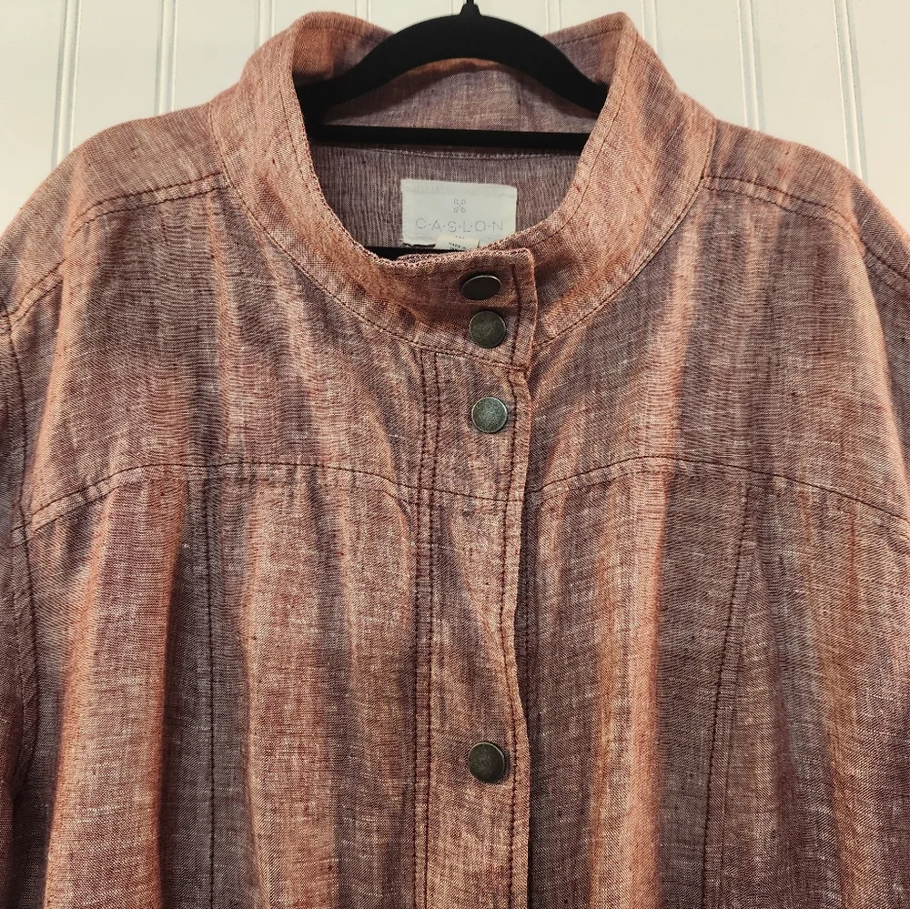 Women Heather Red 100% Linen Snap Buttons Utility Safari Jacket Size 2XL Summer - Picture 3 of 15